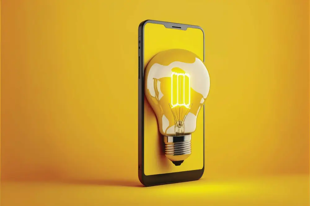 Celular com uma lâmpada acesa na tela